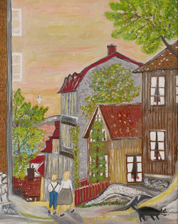 BIRGITTA BOHMAN. "Hobergs trappor Skepparegatan 5", Göteborgsmotiv, olja på duk, signerad 2016. på auktion hos Auktionsfirma Kenneth Svensson i Kalmar