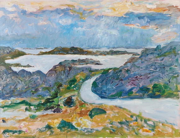 INGE BLOMQVIST. Oljemålning på duk. Fjällandskap med vattendrag. Signerad. på auktion hos Skånes Auktionsverk