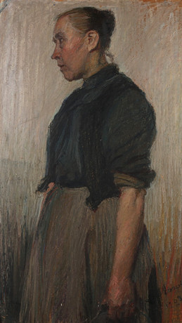 ALMA ARNELL. Oljemålning på duk, "Städerskan", signerad och daterad 1903 samt lapp a tergo. på auktion hos Skånes Auktionsverk
