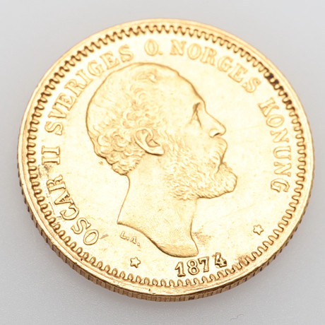 GULDMYNT, Oscar II, 10 kronor 1874. på auktion hos Höörs Auktionshall