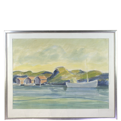BERTIL LILJEBLAD. Blandteknik på papper, strandbild med hus och båt, signerad. på auktion hos Höganäs Auktionsverk