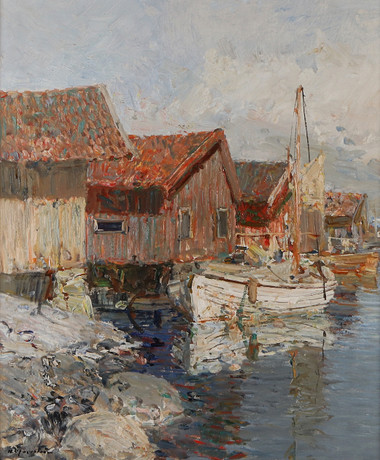 HUGO ÖFVERSTRÖM. Oljemålning på pannå. Västkustmotiv med småbåtshamn. Signerad. på auktion hos Skånes Auktionsverk