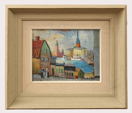 KARL SUNDSTRÖM. olja på pannå, Stockholm, Stadshuset Gamla stan, och vatten. signerad, 1900-tal. på auktion hos Limhamns Auktionsbyrå