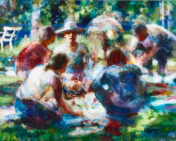 ÖRJAN SÄTRE (Sverige, Född 1952) ''Picknick'', olja på duk, signerad och daterad 1999-2000. på auktion hos Stockholms Auktionsverk Magasin 5