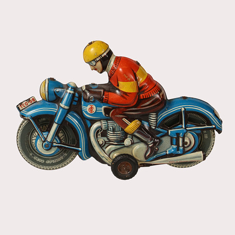 LEKSAKSMOTORCYKEL, Litograferad plåt, märkt TCO-58, made in West Germany. på auktion hos Limhamns Auktionsbyrå