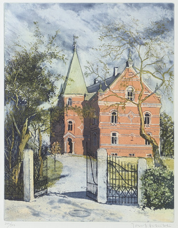 JOSEF SCHIBLI. Hus med öppen grind, etsning, signerad. på auktion hos Helsingborgs Auktionskammare
