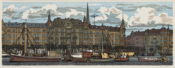 SVENOLOV EHRÉN. Motiv från Strandvägen, Stockholm, träsnitt, signerad, numrerad 46/360, daterad 76. på auktion hos Auktionshuset Kolonn