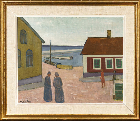 HELGE LINDEN. Olja på duk "Hamnscen" Signerad 1900-tal. på auktion hos Norrlands Auktionsverk