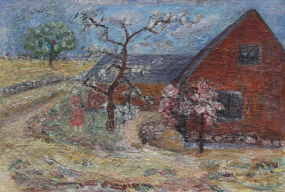 ILONA KLARA BOMAN. olja på pannå, "Det röda huset", signerad, I Klara Boman, daterad 1961. på auktion hos Auktionsmagasinet Vänersborg