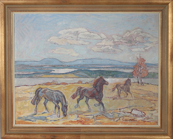 ACKE ÅSLUND. Hästar i landskap, olja på pannå, monogramsignerad och daterad -47. på auktion hos Stadsauktion Sundsvall