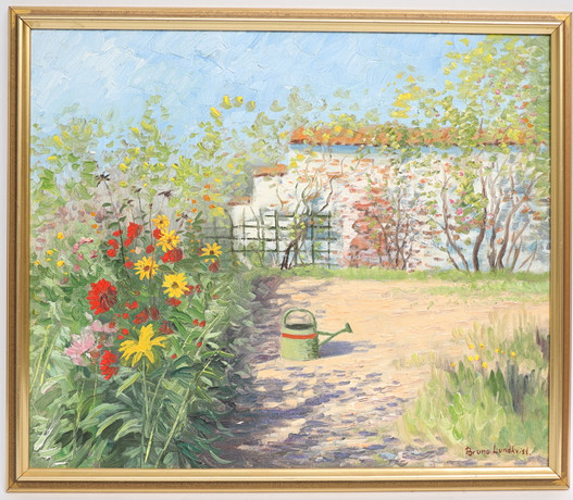 BRUNO LUNDKVIST. Landskap med blommor, oljemålning på duk, signerad. på auktion hos Falun Auktionsbyrå