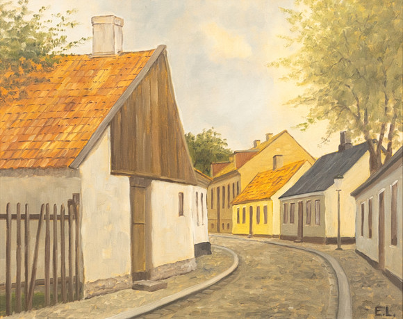 KARL-ERIK LUNDBERG "LEDDE". Olja på pannå, Lundamotiv, monogramsignerad E.L. på auktion hos Karljohan Auktioner