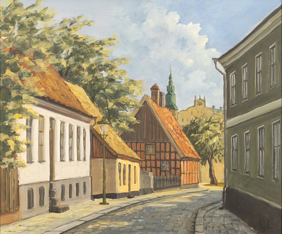 KARL-ERIK LUNDBERG "LEDDE". Olja på pannå, Lundamotiv, monogramsignerad E.L. på auktion hos Karljohan Auktioner