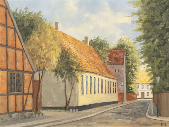 KARL-ERIK LUNDBERG "LEDDE". Olja på pannå, Lundamotiv, monogramsignerad E.L. på auktion hos Karljohan Auktioner