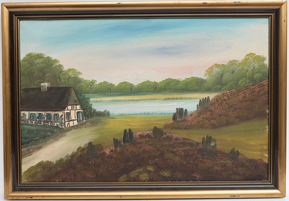 OIDENTIFIERAD KONSTNÄR. Gårdsbild, oljemålning på duk, signerad T skoog, 1900-talets första hälft. på auktion hos Falun Auktionsbyrå