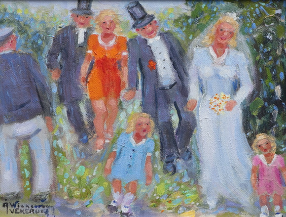 ÅKE WICKSTRÖM. Olja på duk, "Edla och Johan gifter sej, händelse 1941", signerad. på auktion hos Ekenbergs Auktioner