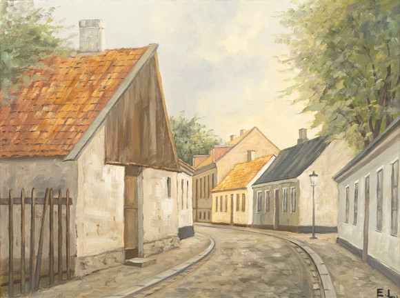KARL-ERIK LUNDBERG "LEDDE". Olja på pannå, Lundamotiv, monogramsignerad E.L. på auktion hos Karljohan Auktioner