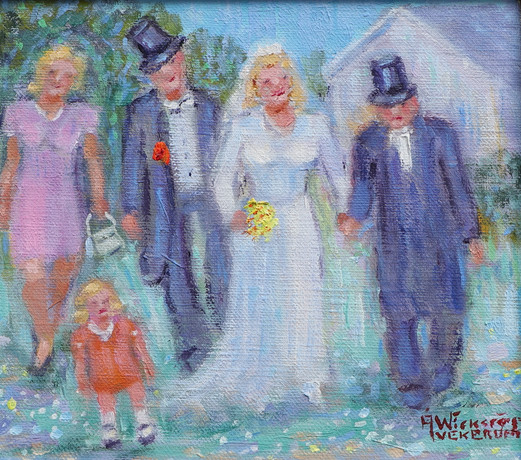ÅKE WICKSTRÖM. Olja på duk, "Lasse i Eket gifter sej med Sonja i Olstorpet, händelse 1941", signerad. på auktion hos Ekenbergs Auktioner