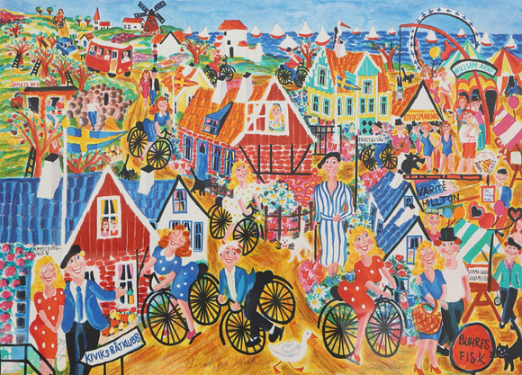 GUNILLA MANN. Färglitografi, "Livet på Kivik", signerad, numrerad 282/290. på auktion hos Ekenbergs Auktioner