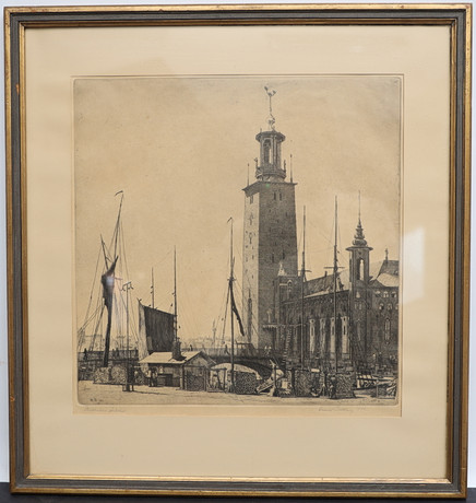 HARALD SALLBERG. Stockholms stadshus, etsning, signerad och daterad 1932. på auktion hos Falun Auktionsbyrå