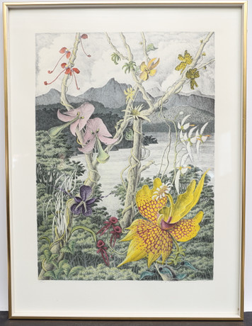 KARL-AXEL PERSSON. Motiv med blomster, färglitografi, signerad och numrerad. på auktion hos Falun Auktionsbyrå
