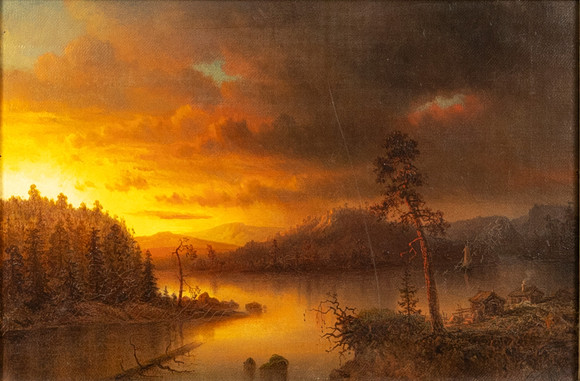 MARCUS LARSON. Tillskriven, olja på duk, motiv med utsikt över fjordar i solnedgång. på auktion hos Karljohan Auktioner