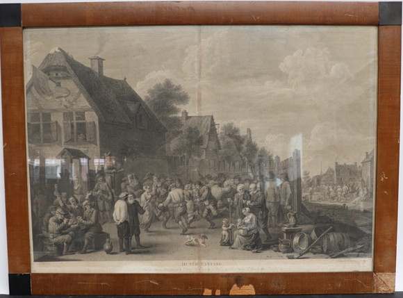 KOPPARSTICK, 1800-tal, gårdsbild med figurer. på auktion hos Falun Auktionsbyrå