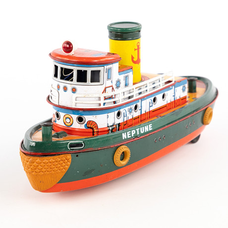 PLÅTLEKSAK. Bogserbåt, "Neptune", Masuyada Modern Toys, Japan. på auktion hos Karljohan Auktioner