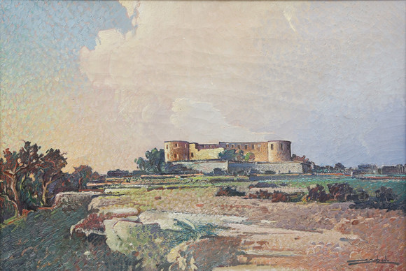 STIG JONZON. OLJA, på duk, Borgholms Slott, sett från Alvaret. på auktion hos Kalmar Auktionsverk