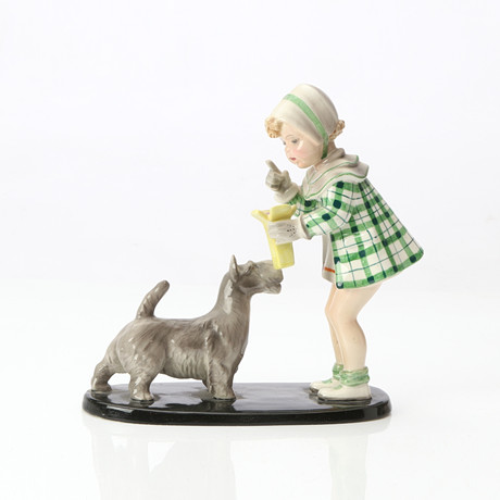 GERMAINE BOURET. GOLDSCHEIDER, FIGURIN. Keramik. Flicka med hund. Wien, 1900-talets första hälft. på auktion hos Skånes Auktionsverk