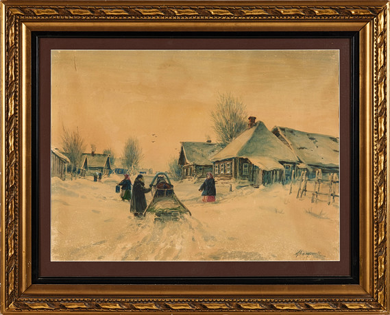 MIKHAIL ABRAMOVICH BALUNIN, Ryssland, 1800-tal, vinterlandskap med bygata. Akvarell, signerad. på auktion hos Stockholms Auktionsverk Magasin 5