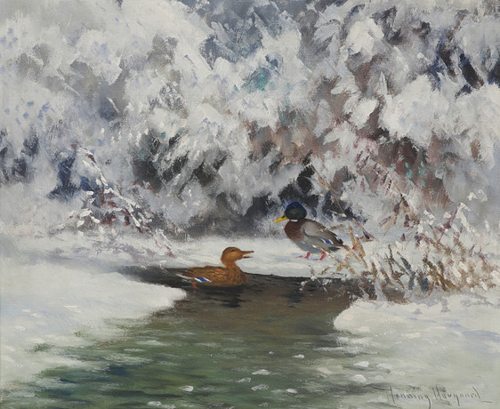 HENNING HOUGAARD. Olja på duk, vinterlandskap med gräsänder, signerad. på auktion hos Ekenbergs Auktioner
