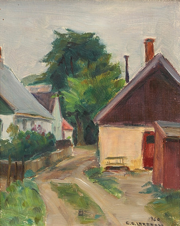 CARL OSCAR LARSSON. Motiv från Kåseberga by, olja på pannå, signerad och daterad 1960. på auktion hos Crafoord Auktioner Malmö