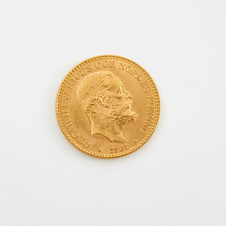 MYNT, 21,6 k guld, Oscar II, 10 kronor, 1901. på auktion hos Stockholms Auktionsverk Sickla