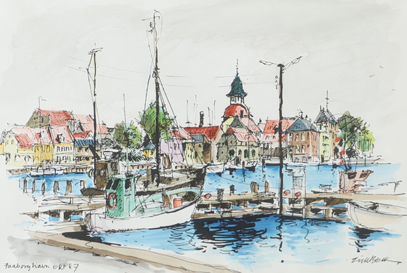 OIDENTIFIERAD KONSTNÄR. "Faaborgs hamn okt 87", färglitografi, otydligt signerad. på auktion hos Helsingborgs Auktionskammare