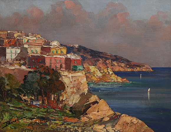 OIDENTIFIERAD KONSTNÄR. Olja på duk, impasto, motiv från italienska kusten, signerad. på auktion hos Ekenbergs Auktioner