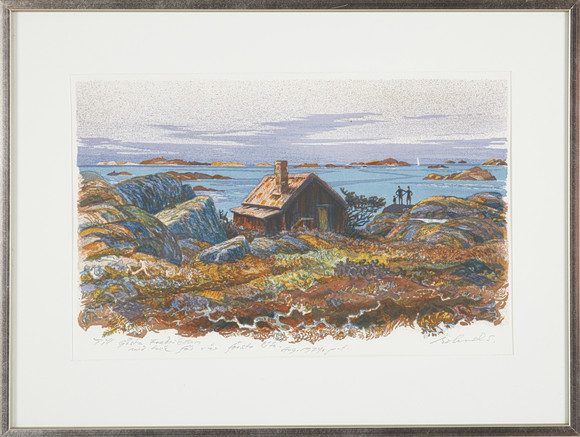 ROLAND SVENSSON. "Väntan, Kallskär", färglitografi, signerad, numrerad pt, med dedikation, 1974. på auktion hos Stockholms Auktionsverk Sickla