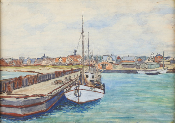 OIDENTIFIERAD KONSTNÄR. Hamnmotiv, pastell, osignerad. på auktion hos Helsingborgs Auktionskammare
