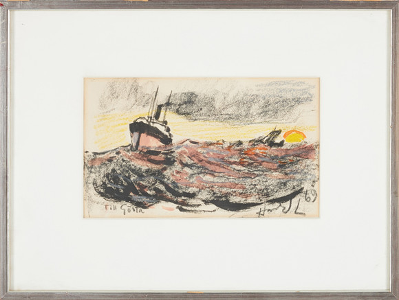 HARALD LINDBERG. Fartyg på havet, pastell, signerad Harald L, -69, med dedikation. på auktion hos Stockholms Auktionsverk Sickla