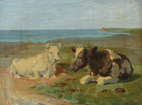 SIGURD OLRIK (DANMARK, 1874-1921). TILLSKRIVEN. Boskap, olja på pannå, osignerad. på auktion hos Helsingborgs Auktionskammare