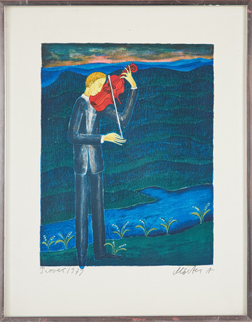 MÅRTEN ANDERSSON. Fiolspelande man, färglitografi, provtryck, signerad och daterad, 1979. på auktion hos Stockholms Auktionsverk Sickla