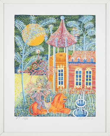 MÅRTEN ANDERSSON. Färglitografi, "Lejontämjarens hus", provtryck, signerad och daterad, 1980. på auktion hos Stockholms Auktionsverk Sickla