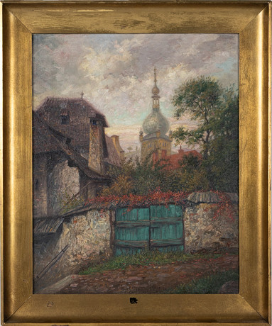 ROBERT HUGO JÄCKEL (1872-1952). Bymotiv med kyrka, olja på duk. på auktion hos Stockholms Auktionsverk Helsingborg