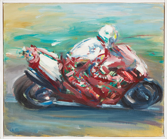 LEIF AHNLUND. Motorcykel, "Doug Polen", olja på duk, signerad och daterad, -92. på auktion hos Stockholms Auktionsverk Sickla
