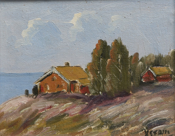 ÅKE WICKSTRÖM. /Oidentifierad konstnär. Olja på pannå, vändbart konstverk, Fiskare/Kustlandskap, signerade, 19 på auktion hos Ekenbergs Auktioner