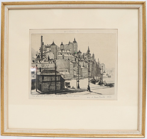 HANS NORSBO. Motiv från Stockholm, etsning, signerad och daterad 1939, med dedikation. på auktion hos Falun Auktionsbyrå