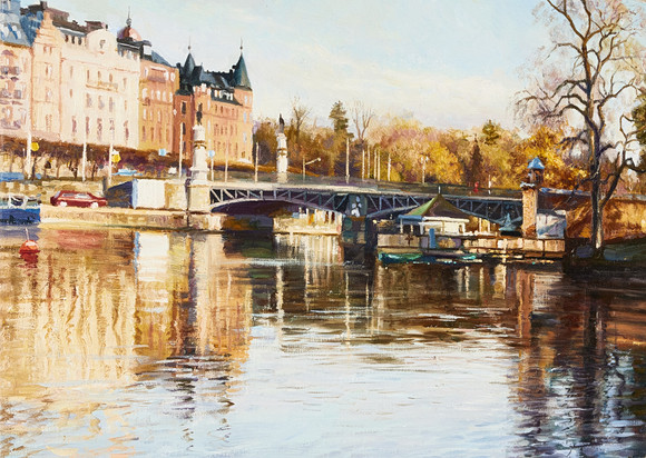 VJETESLAV KLIUCHNIKOV. (Ryssland, född 1956): Djurgårdsbron, signerad Kliuchnikov, daterad atergo 2010, olja p på auktion hos Stockholms Auktionsverk Magasin 5