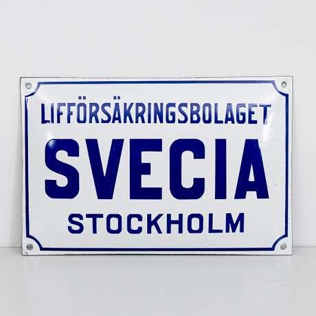 LIFFÖRSÄKRINGSBOLAGET SVECIA STOCKHOLM, emaljskylt. på auktion hos Auktionshuset Kolonn