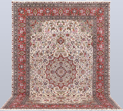 MATTA, figural Täbriz, part silk s k 50 radj, cirka 356 x 251 cm. på auktion hos RA Auktionsverket Norrköping