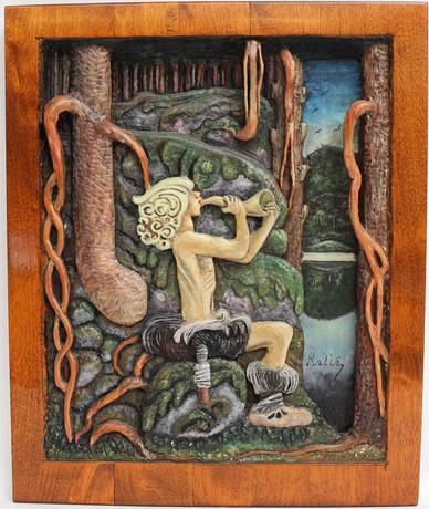 JOHN BAUER. Motiv efter, Träskuren relief, signerad Kalle. på auktion hos Falun Auktionsbyrå